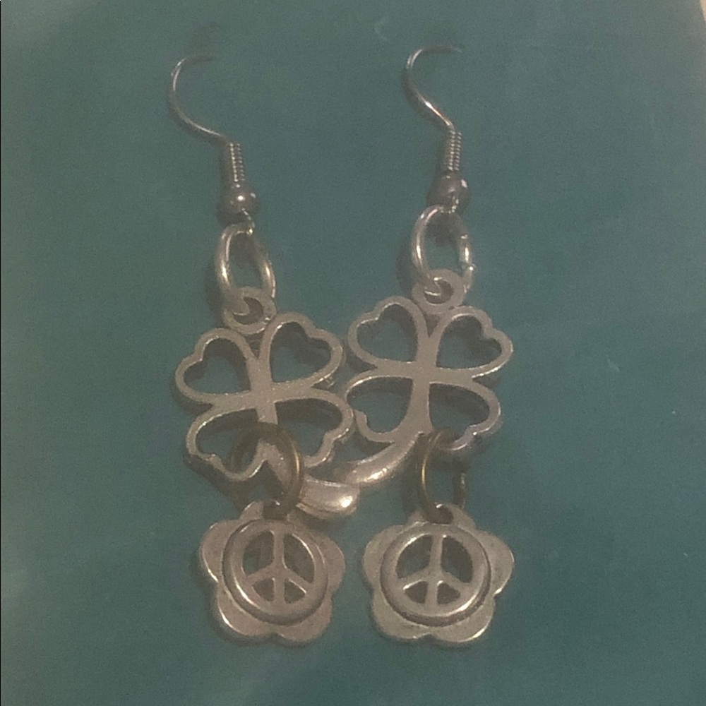 Silver Clover & Peace Sign Dangle Earrings - Women Jewelry